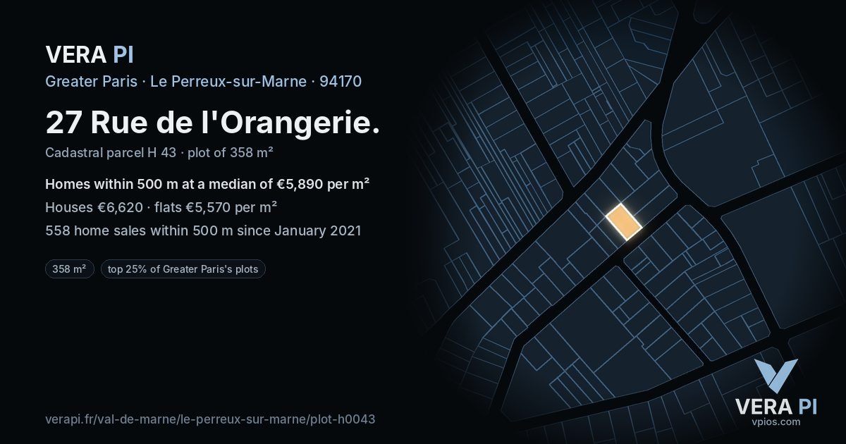 27 Rue de l'Orangerie, Le Perreux-sur-Marne at night – the plot lit, the parcels around coloured by the prices near them