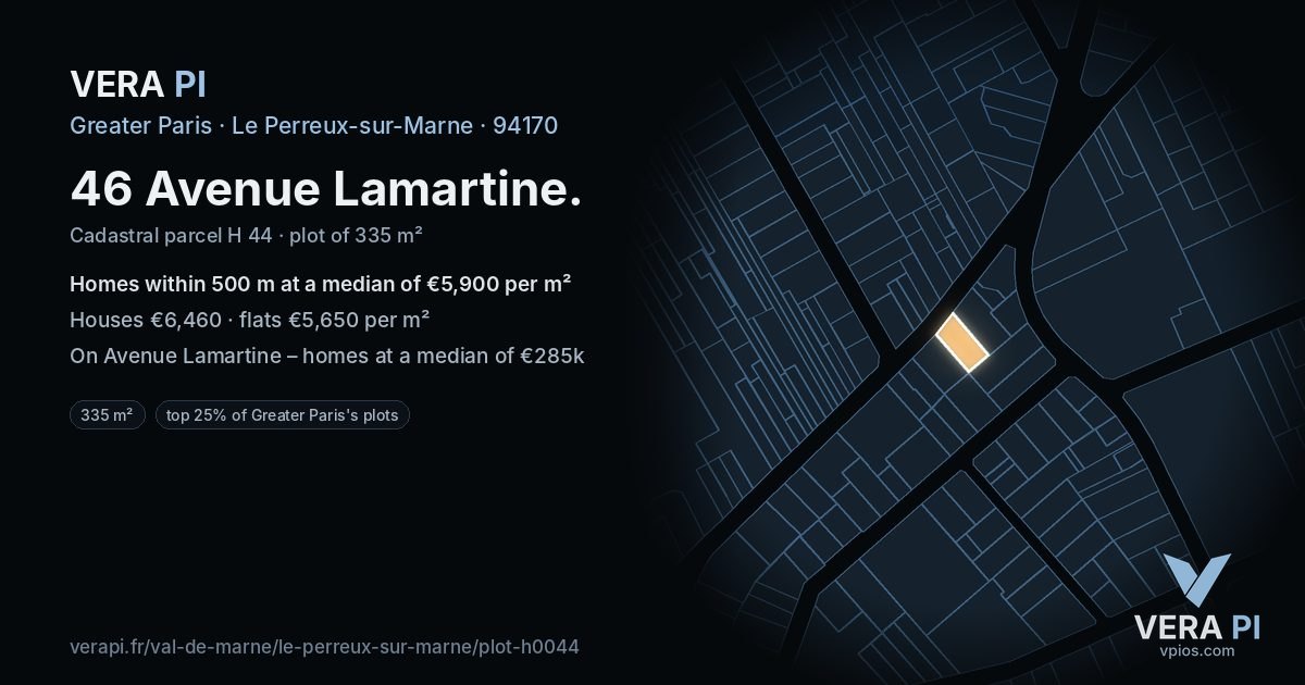46 Avenue Lamartine, Le Perreux-sur-Marne at night – the plot lit, the parcels around coloured by the prices near them