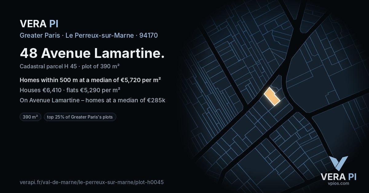 48 Avenue Lamartine, Le Perreux-sur-Marne at night – the plot lit, the parcels around coloured by the prices near them