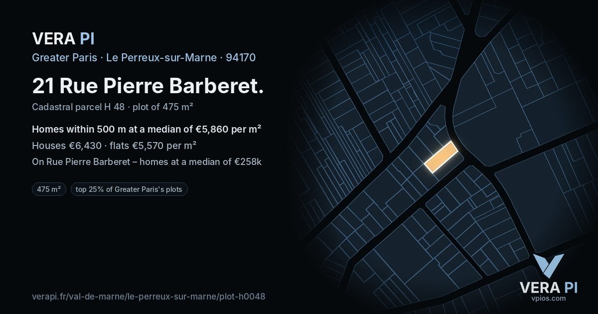 21 Rue Pierre Barberet, Le Perreux-sur-Marne at night – the plot lit, the parcels around coloured by the prices near them