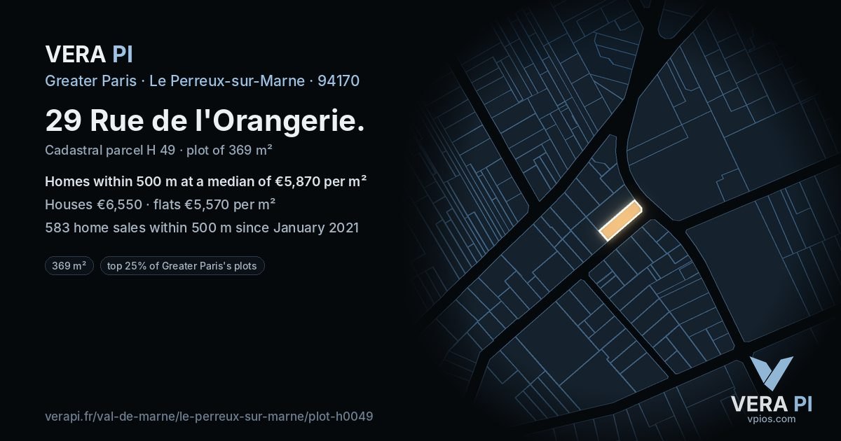 29 Rue de l'Orangerie, Le Perreux-sur-Marne at night – the plot lit, the parcels around coloured by the prices near them