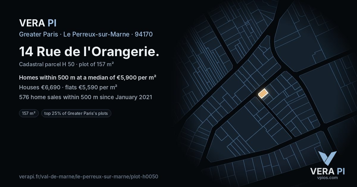 14 Rue de l'Orangerie, Le Perreux-sur-Marne at night – the plot lit, the parcels around coloured by the prices near them