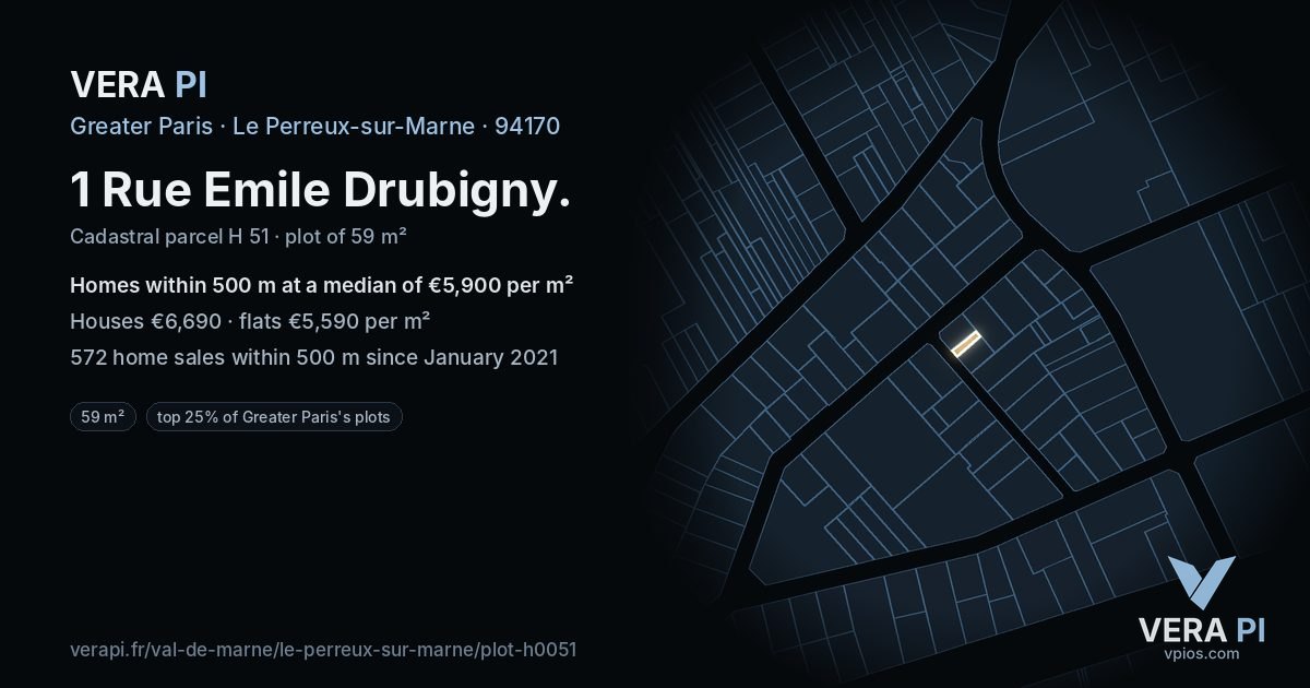 1 Rue Emile Drubigny, Le Perreux-sur-Marne at night – the plot lit, the parcels around coloured by the prices near them