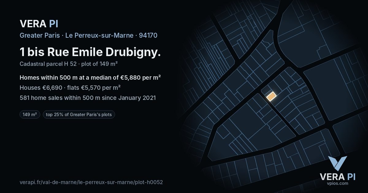 1 bis Rue Emile Drubigny, Le Perreux-sur-Marne at night – the plot lit, the parcels around coloured by the prices near them