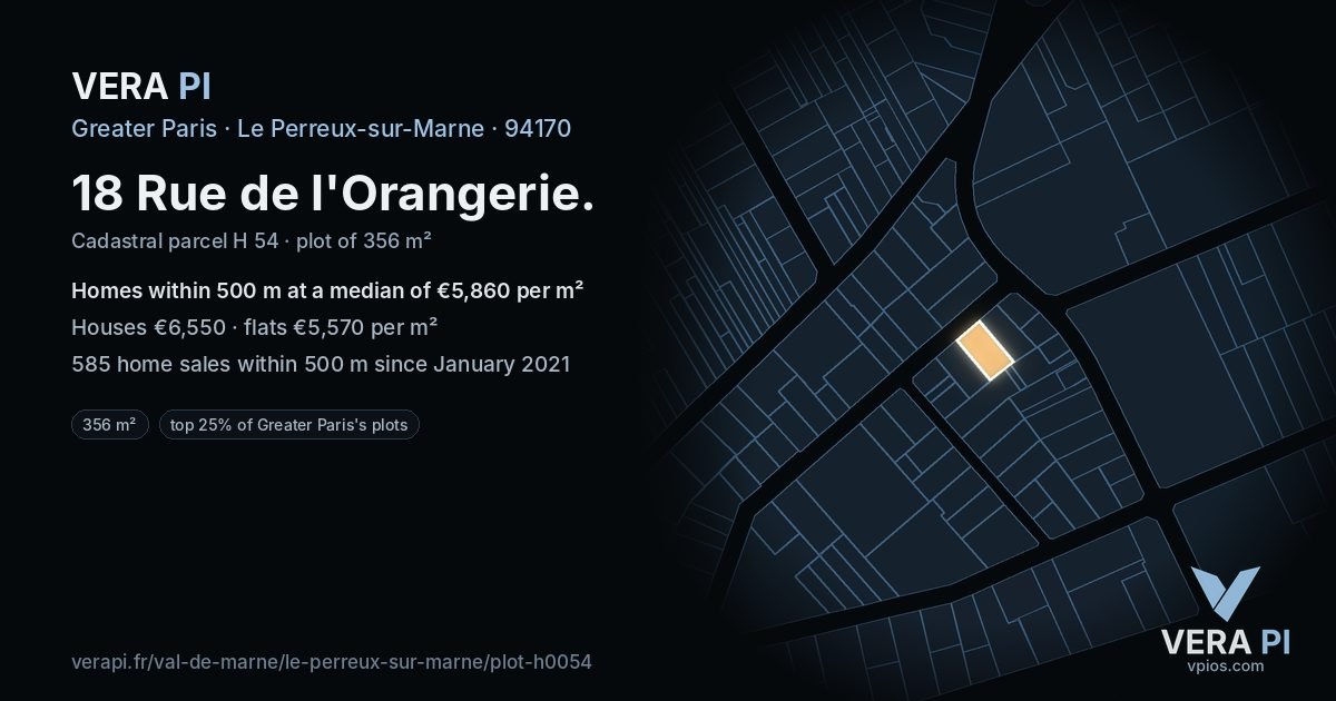 18 Rue de l'Orangerie, Le Perreux-sur-Marne at night – the plot lit, the parcels around coloured by the prices near them