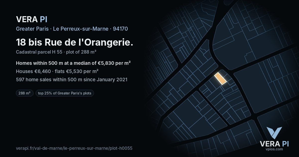 18 bis Rue de l'Orangerie, Le Perreux-sur-Marne at night – the plot lit, the parcels around coloured by the prices near them