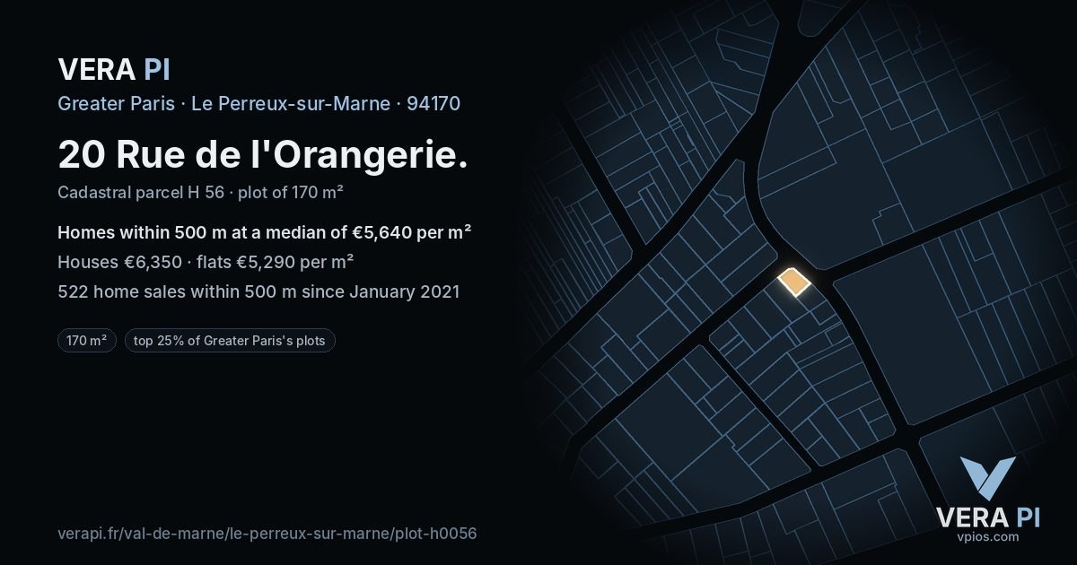 20 Rue de l'Orangerie, Le Perreux-sur-Marne at night – the plot lit, the parcels around coloured by the prices near them