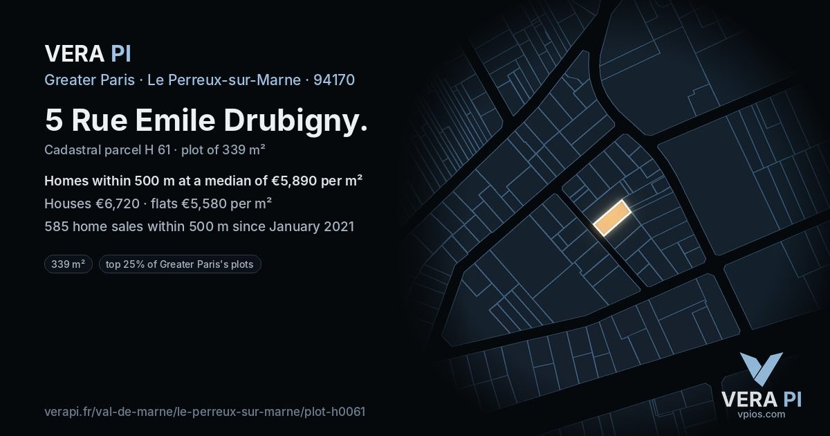 5 Rue Emile Drubigny, Le Perreux-sur-Marne at night – the plot lit, the parcels around coloured by the prices near them