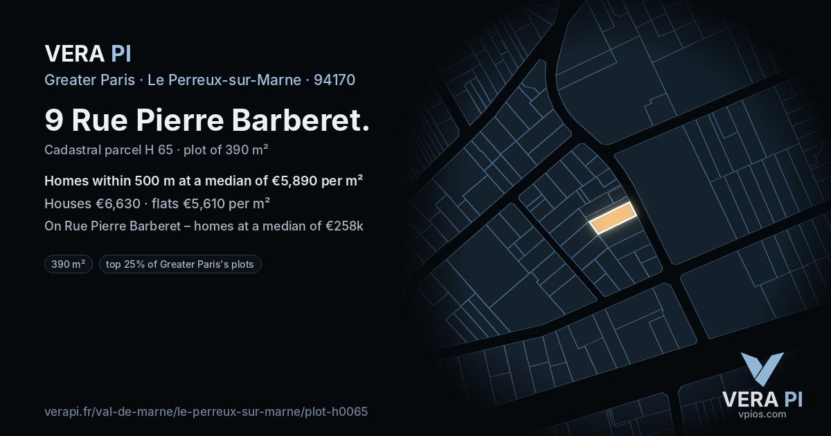 9 Rue Pierre Barberet, Le Perreux-sur-Marne at night – the plot lit, the parcels around coloured by the prices near them