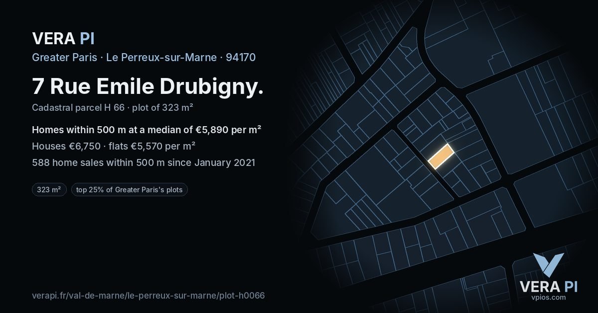 7 Rue Emile Drubigny, Le Perreux-sur-Marne at night – the plot lit, the parcels around coloured by the prices near them
