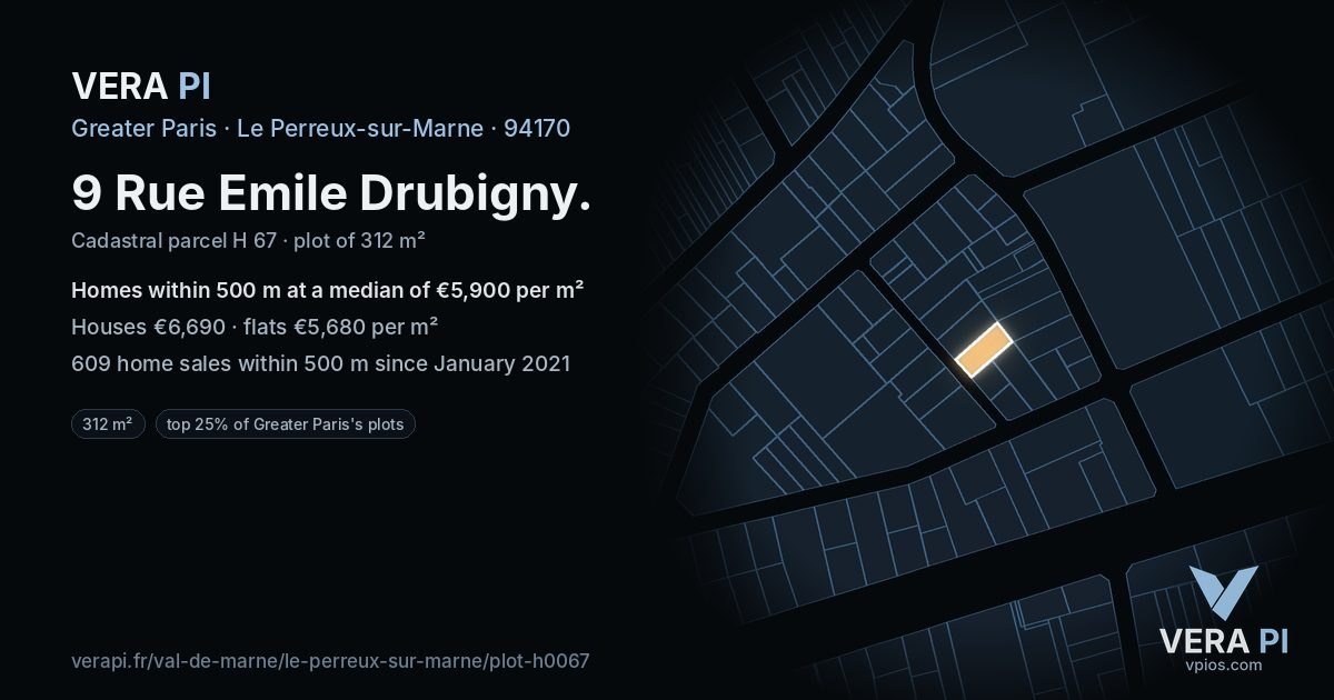 9 Rue Emile Drubigny, Le Perreux-sur-Marne at night – the plot lit, the parcels around coloured by the prices near them