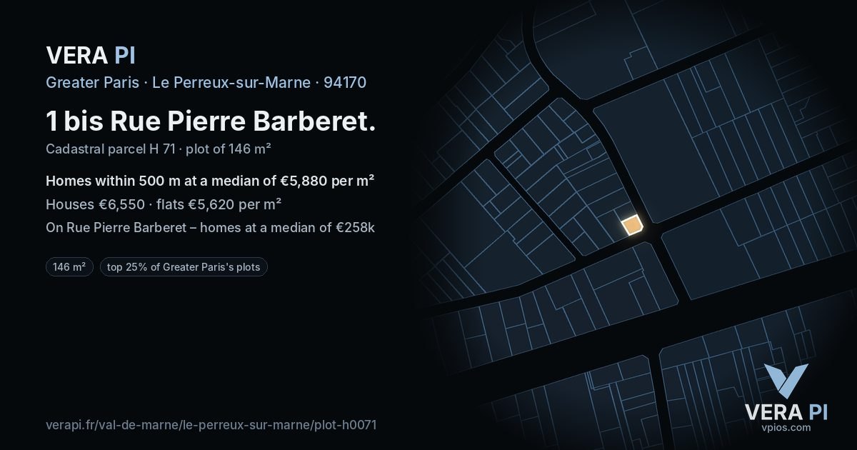 1 bis Rue Pierre Barberet, Le Perreux-sur-Marne at night – the plot lit, the parcels around coloured by the prices near them