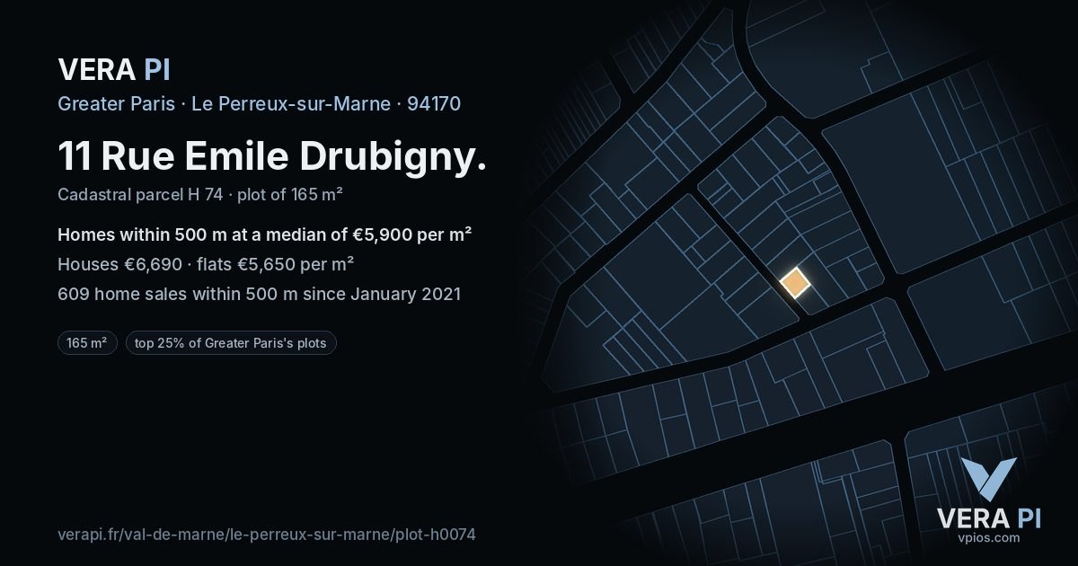11 Rue Emile Drubigny, Le Perreux-sur-Marne at night – the plot lit, the parcels around coloured by the prices near them