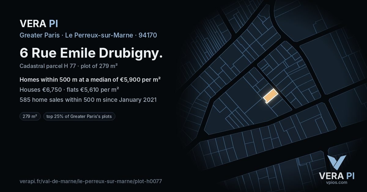 6 Rue Emile Drubigny, Le Perreux-sur-Marne at night – the plot lit, the parcels around coloured by the prices near them