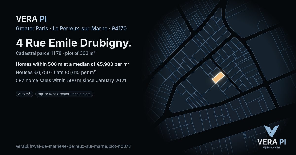 4 Rue Emile Drubigny, Le Perreux-sur-Marne at night – the plot lit, the parcels around coloured by the prices near them