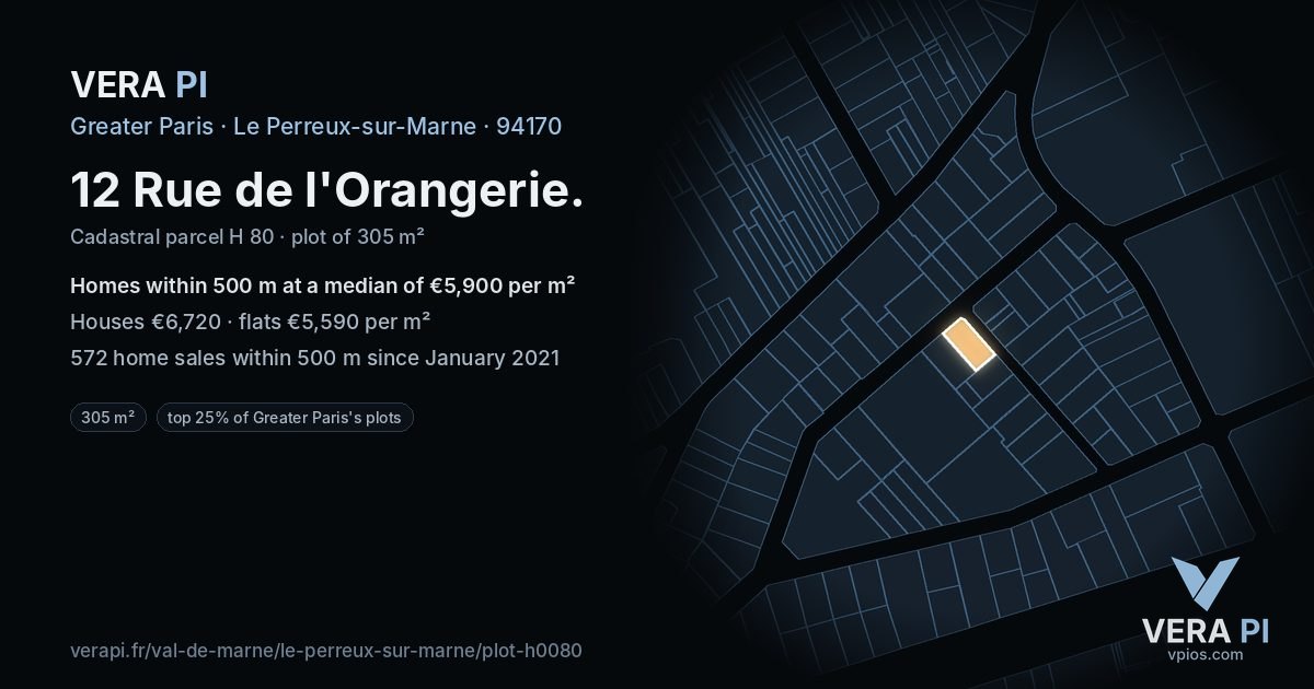 12 Rue de l'Orangerie, Le Perreux-sur-Marne at night – the plot lit, the parcels around coloured by the prices near them