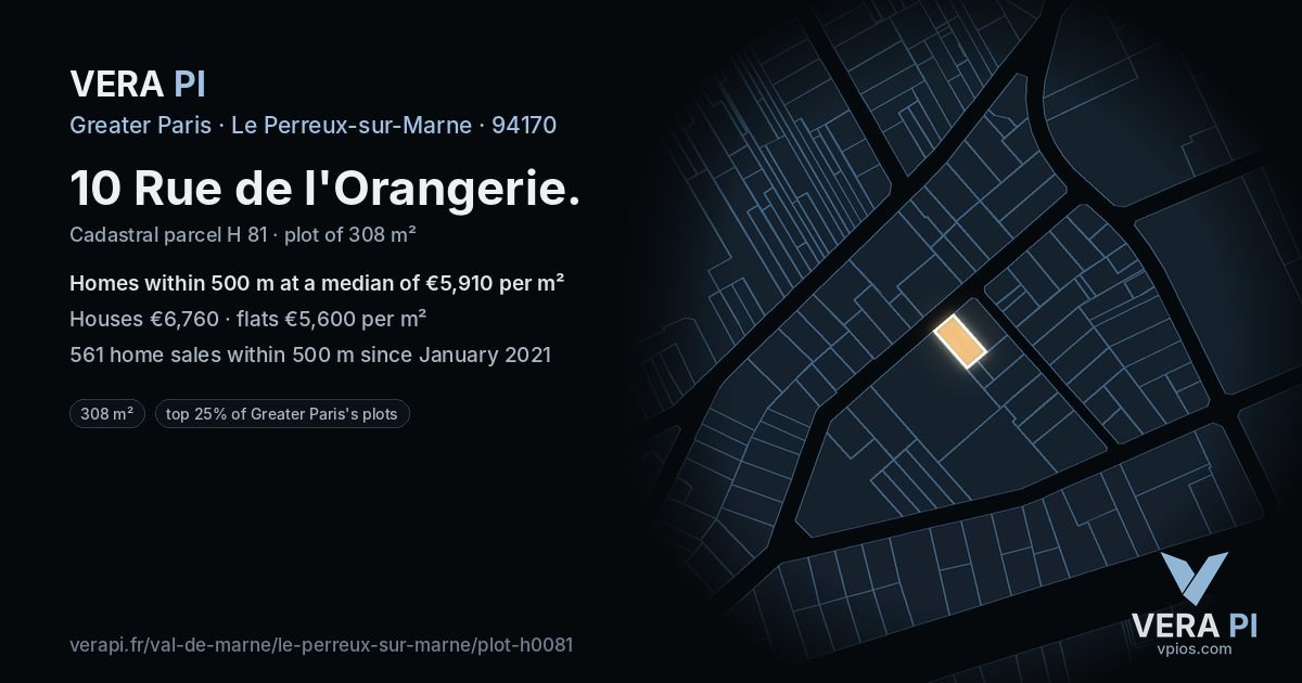 10 Rue de l'Orangerie, Le Perreux-sur-Marne at night – the plot lit, the parcels around coloured by the prices near them