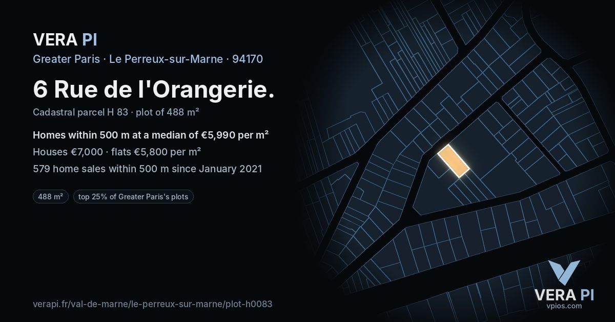 6 Rue de l'Orangerie, Le Perreux-sur-Marne at night – the plot lit, the parcels around coloured by the prices near them