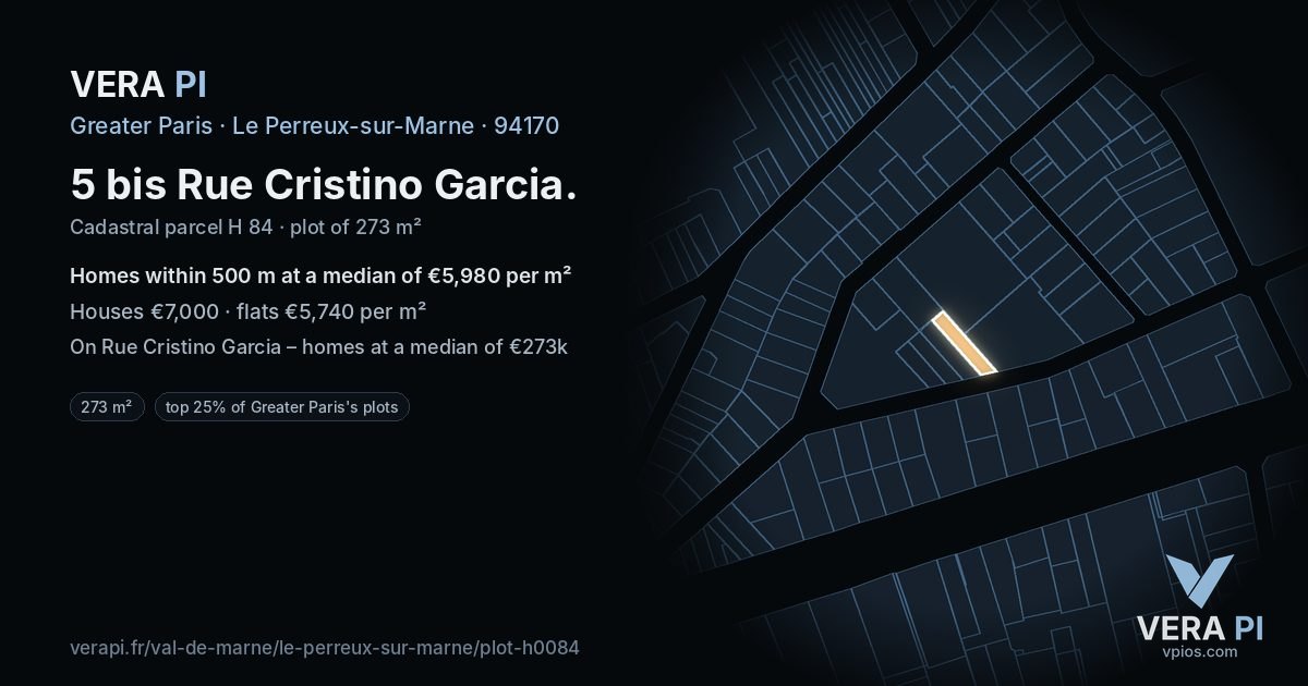 5 bis Rue Cristino Garcia, Le Perreux-sur-Marne at night – the plot lit, the parcels around coloured by the prices near them