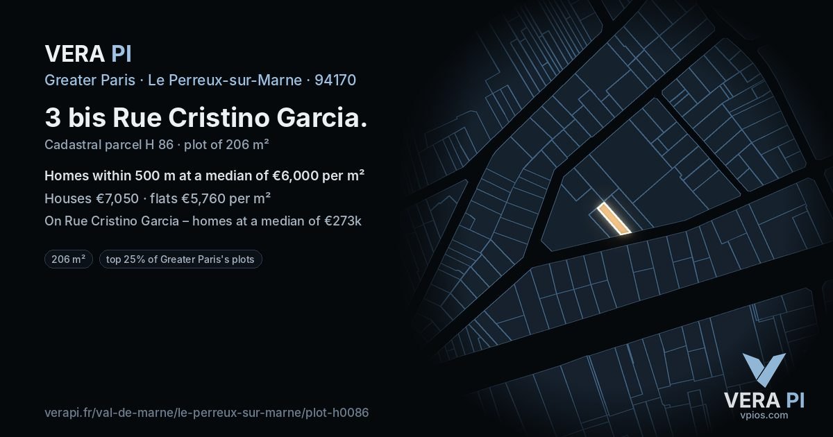 3 bis Rue Cristino Garcia, Le Perreux-sur-Marne at night – the plot lit, the parcels around coloured by the prices near them