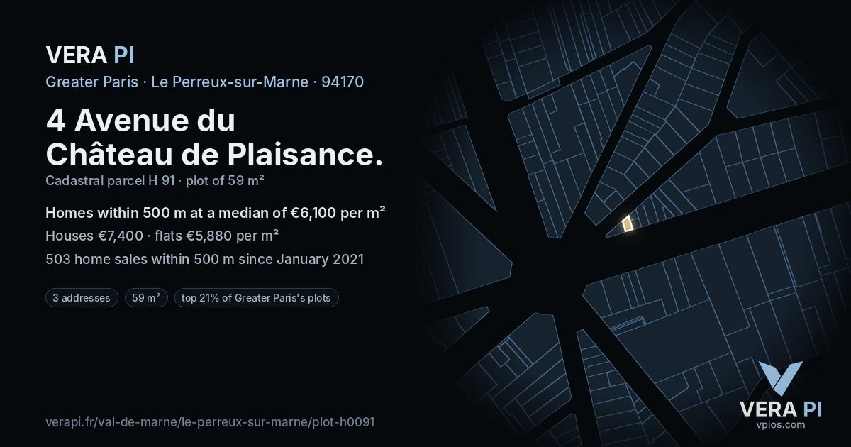 4 Avenue du Château de Plaisance, Le Perreux-sur-Marne at night – the plot lit, the parcels around coloured by the prices near them