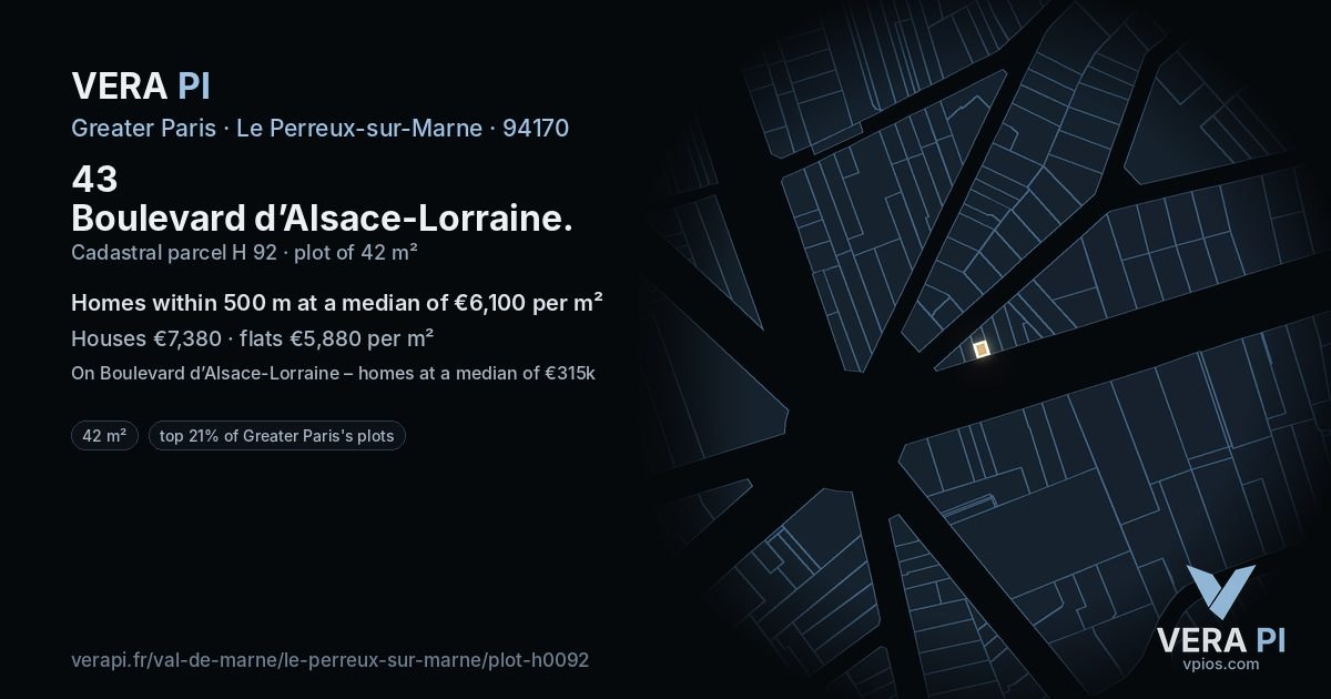 43 Boulevard d’Alsace-Lorraine, Le Perreux-sur-Marne at night – the plot lit, the parcels around coloured by the prices near them