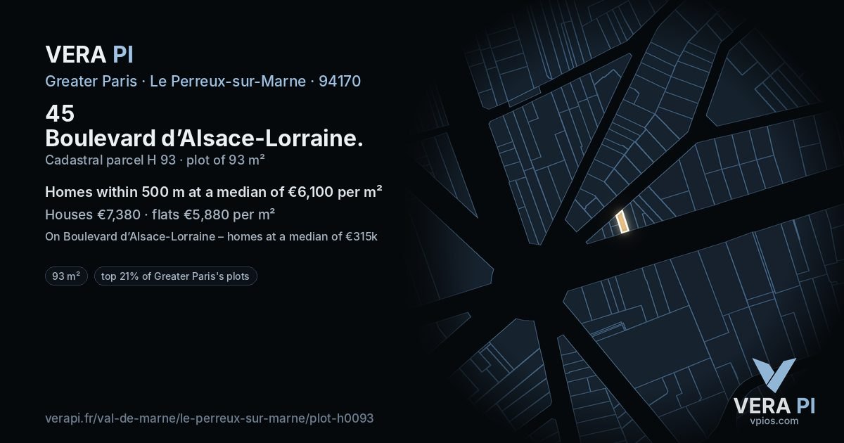45 Boulevard d’Alsace-Lorraine, Le Perreux-sur-Marne at night – the plot lit, the parcels around coloured by the prices near them