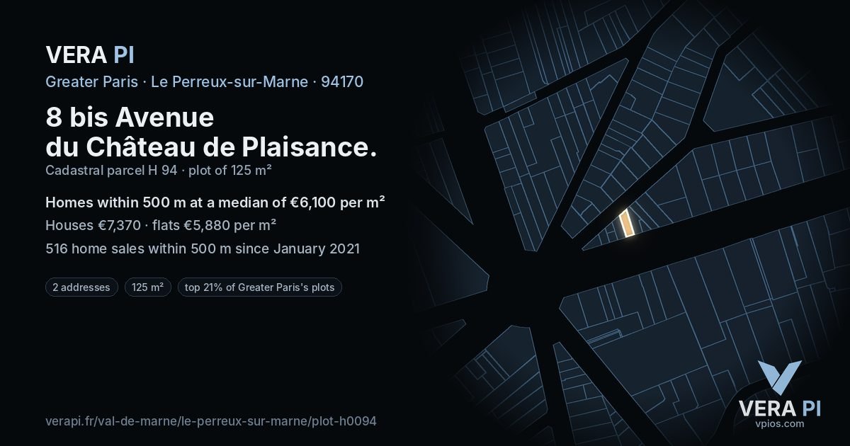 8 bis Avenue du Château de Plaisance, Le Perreux-sur-Marne at night – the plot lit, the parcels around coloured by the prices near them