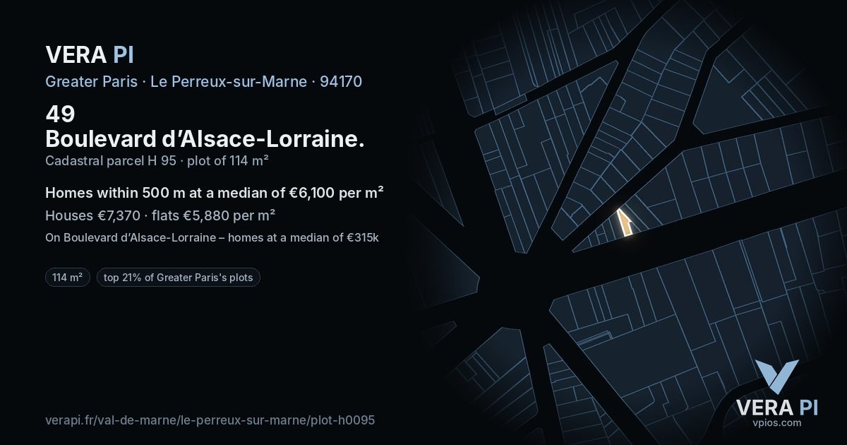 49 Boulevard d’Alsace-Lorraine, Le Perreux-sur-Marne at night – the plot lit, the parcels around coloured by the prices near them
