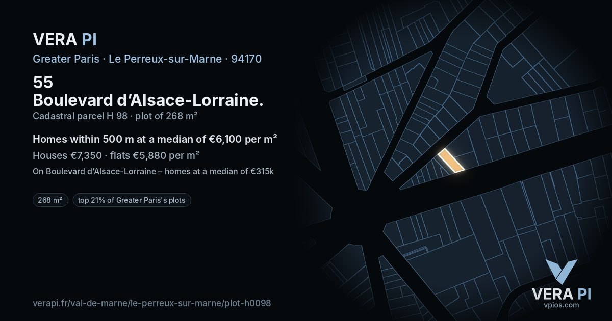 55 Boulevard d’Alsace-Lorraine, Le Perreux-sur-Marne at night – the plot lit, the parcels around coloured by the prices near them