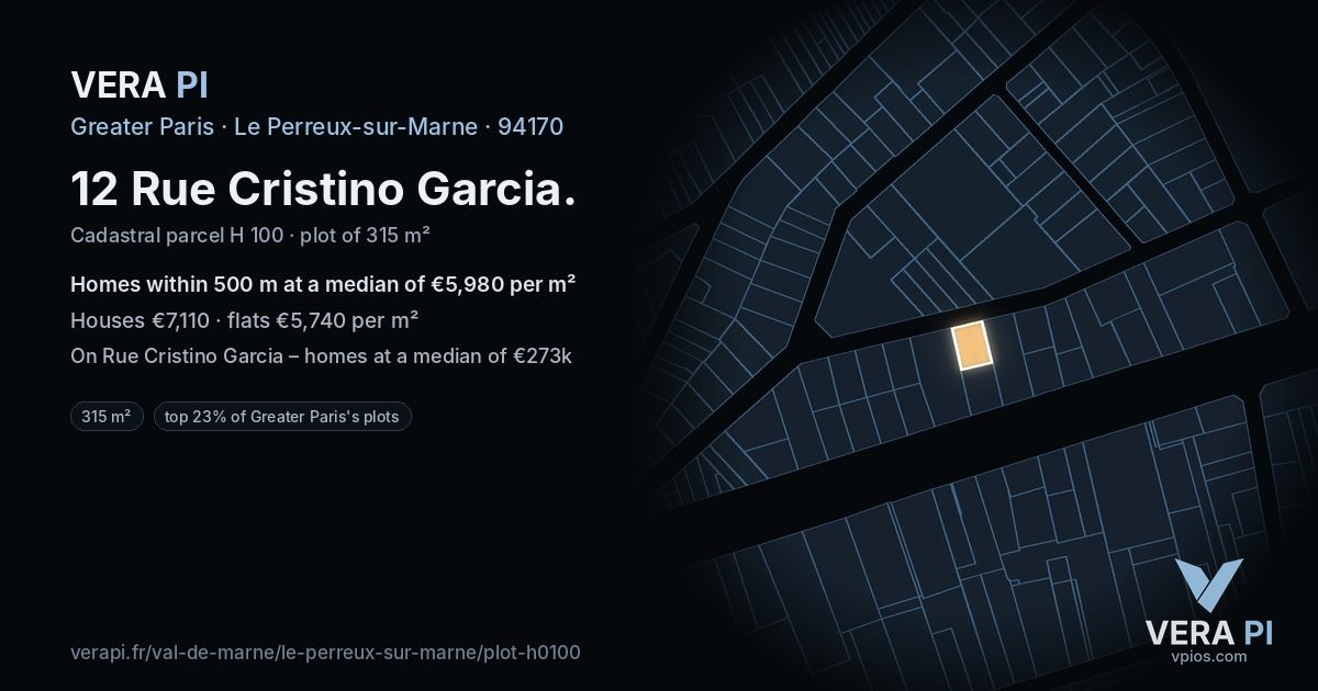 12 Rue Cristino Garcia, Le Perreux-sur-Marne at night – the plot lit, the parcels around coloured by the prices near them