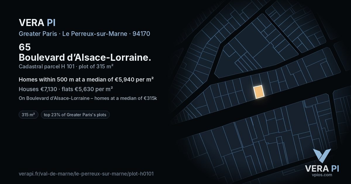 65 Boulevard d’Alsace-Lorraine, Le Perreux-sur-Marne at night – the plot lit, the parcels around coloured by the prices near them