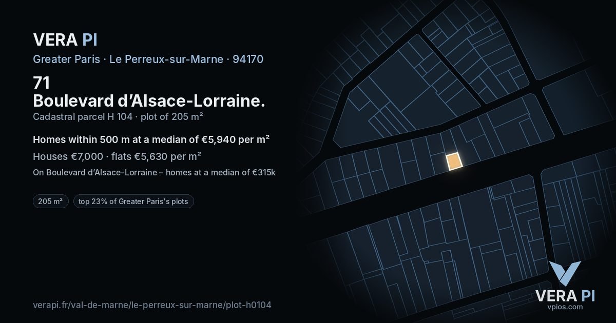 71 Boulevard d’Alsace-Lorraine, Le Perreux-sur-Marne at night – the plot lit, the parcels around coloured by the prices near them