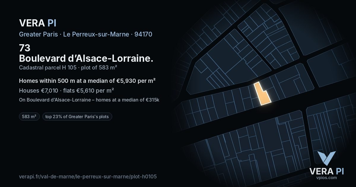 73 Boulevard d’Alsace-Lorraine, Le Perreux-sur-Marne at night – the plot lit, the parcels around coloured by the prices near them