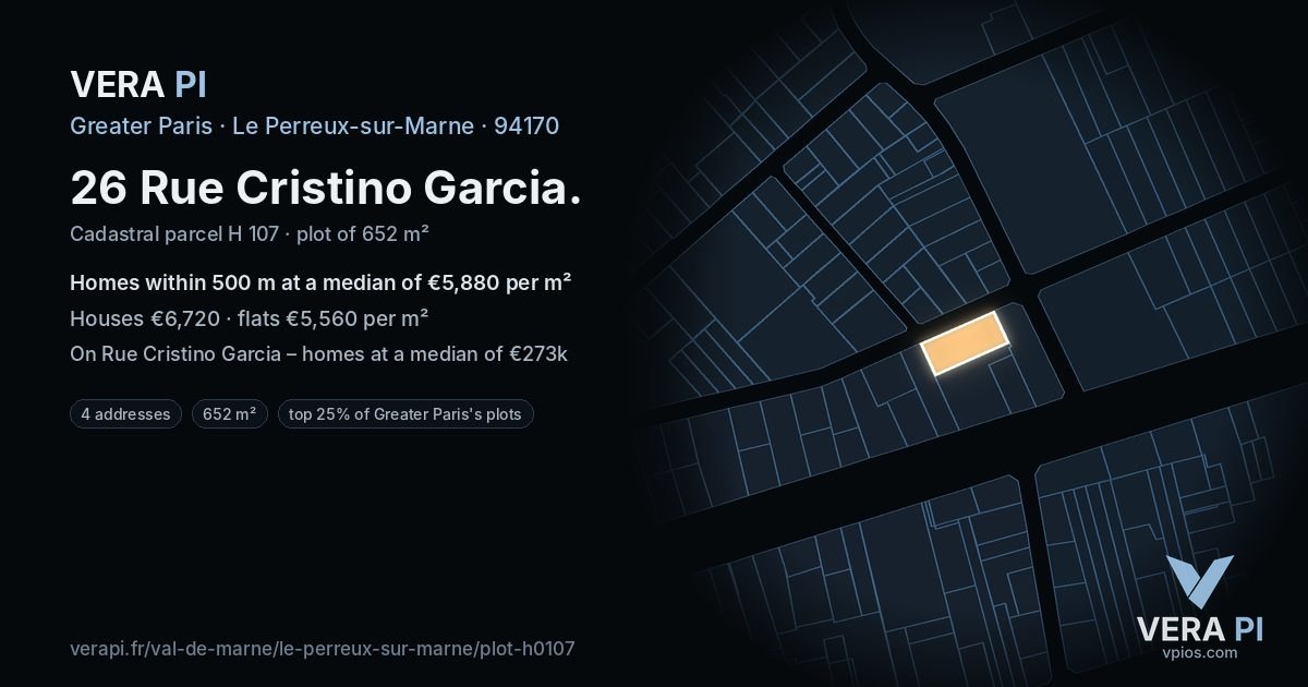 26 Rue Cristino Garcia, Le Perreux-sur-Marne at night – the plot lit, the parcels around coloured by the prices near them