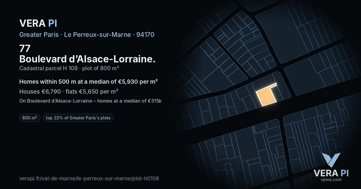 77 Boulevard d’Alsace-Lorraine, Le Perreux-sur-Marne at night – the plot lit, the parcels around coloured by the prices near them