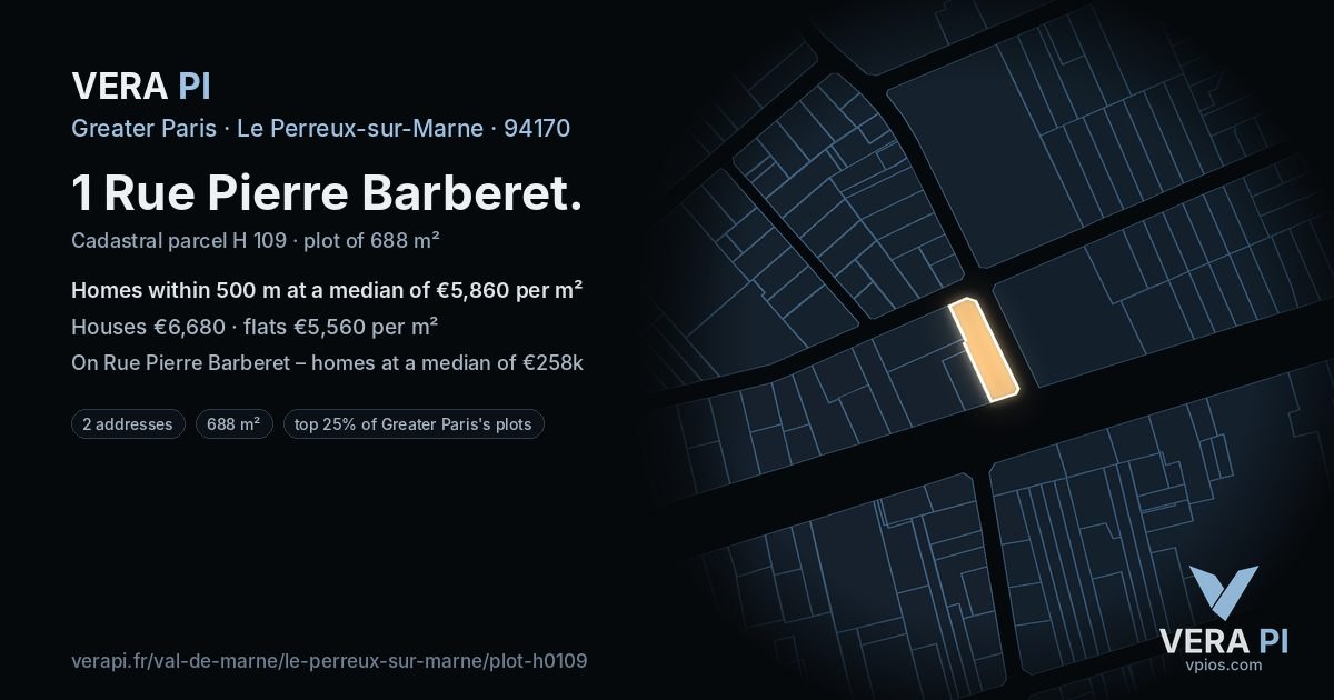 1 Rue Pierre Barberet, Le Perreux-sur-Marne at night – the plot lit, the parcels around coloured by the prices near them