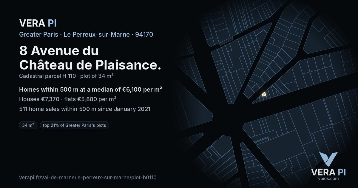 8 Avenue du Château de Plaisance, Le Perreux-sur-Marne at night – the plot lit, the parcels around coloured by the prices near them