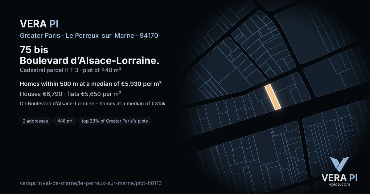 75 bis Boulevard d’Alsace-Lorraine, Le Perreux-sur-Marne at night – the plot lit, the parcels around coloured by the prices near them