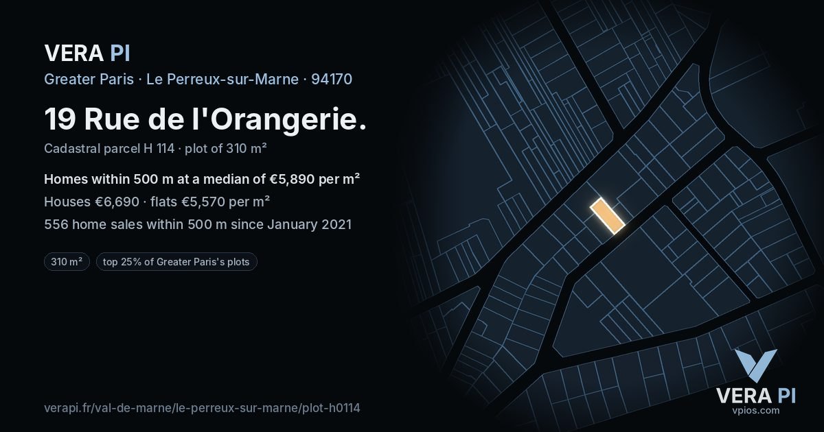 19 Rue de l'Orangerie, Le Perreux-sur-Marne at night – the plot lit, the parcels around coloured by the prices near them