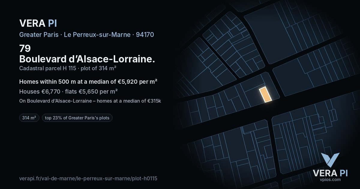 79 Boulevard d’Alsace-Lorraine, Le Perreux-sur-Marne at night – the plot lit, the parcels around coloured by the prices near them