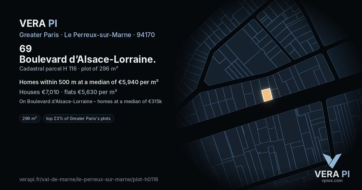 69 Boulevard d’Alsace-Lorraine, Le Perreux-sur-Marne at night – the plot lit, the parcels around coloured by the prices near them