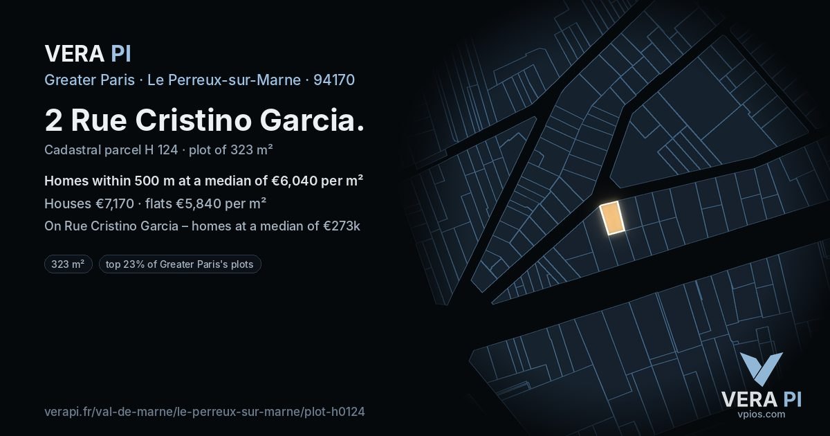 2 Rue Cristino Garcia, Le Perreux-sur-Marne at night – the plot lit, the parcels around coloured by the prices near them