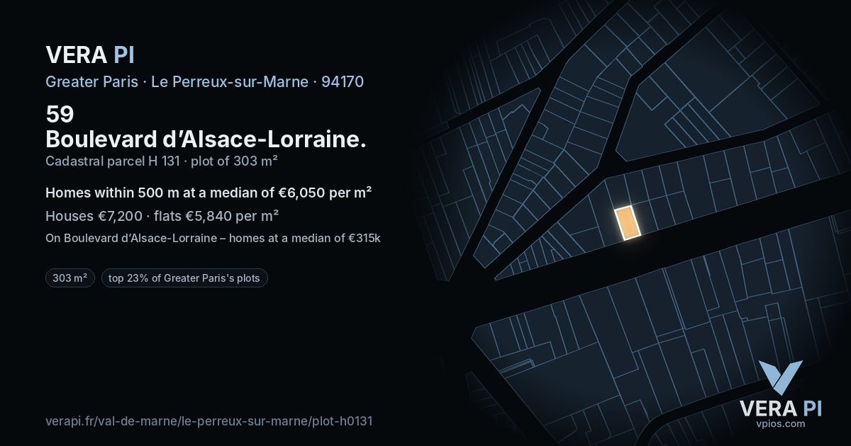 59 Boulevard d’Alsace-Lorraine, Le Perreux-sur-Marne at night – the plot lit, the parcels around coloured by the prices near them