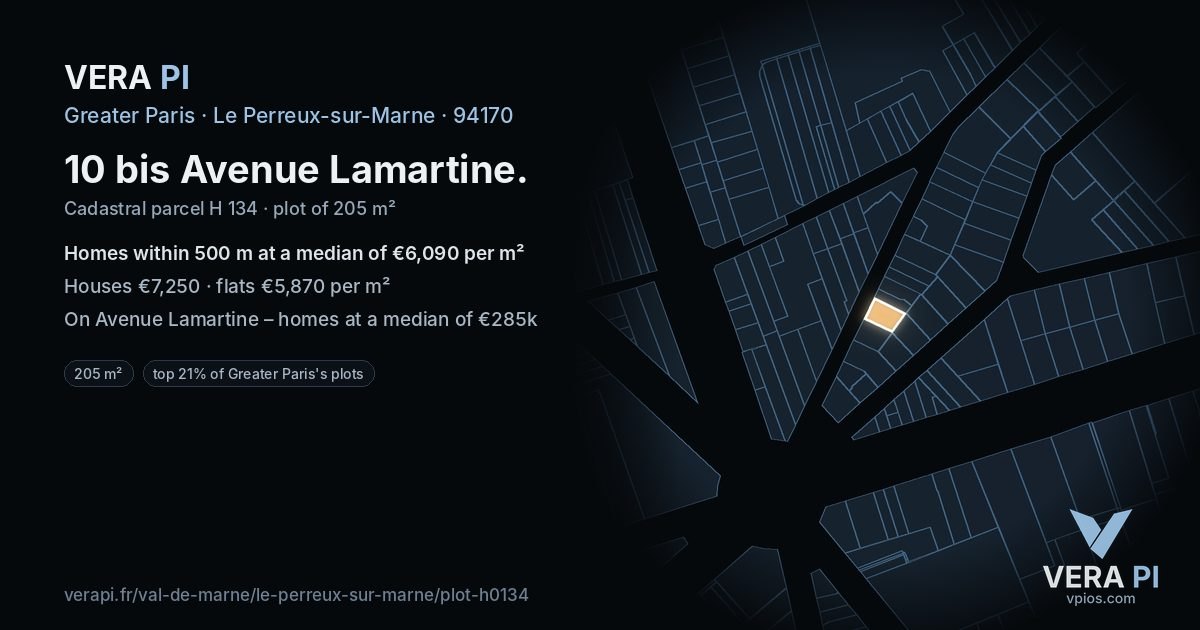 10 bis Avenue Lamartine, Le Perreux-sur-Marne at night – the plot lit, the parcels around coloured by the prices near them