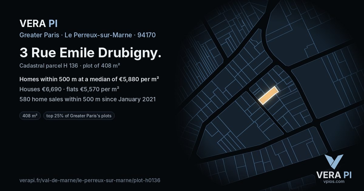 3 Rue Emile Drubigny, Le Perreux-sur-Marne at night – the plot lit, the parcels around coloured by the prices near them
