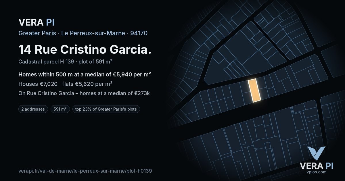 14 Rue Cristino Garcia, Le Perreux-sur-Marne at night – the plot lit, the parcels around coloured by the prices near them