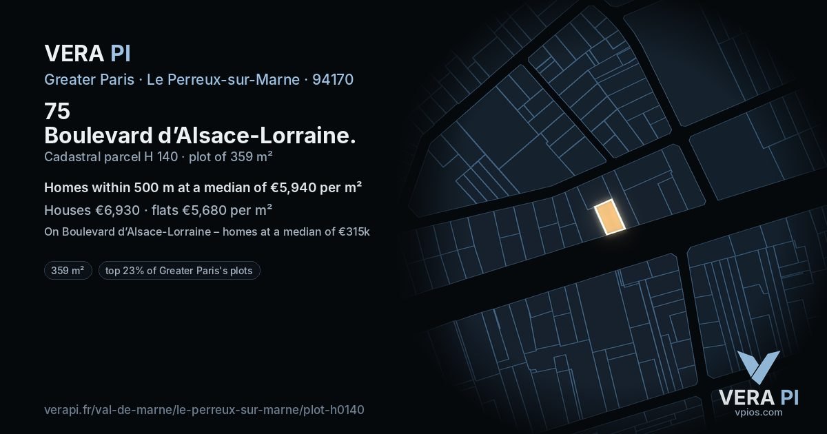 75 Boulevard d’Alsace-Lorraine, Le Perreux-sur-Marne at night – the plot lit, the parcels around coloured by the prices near them