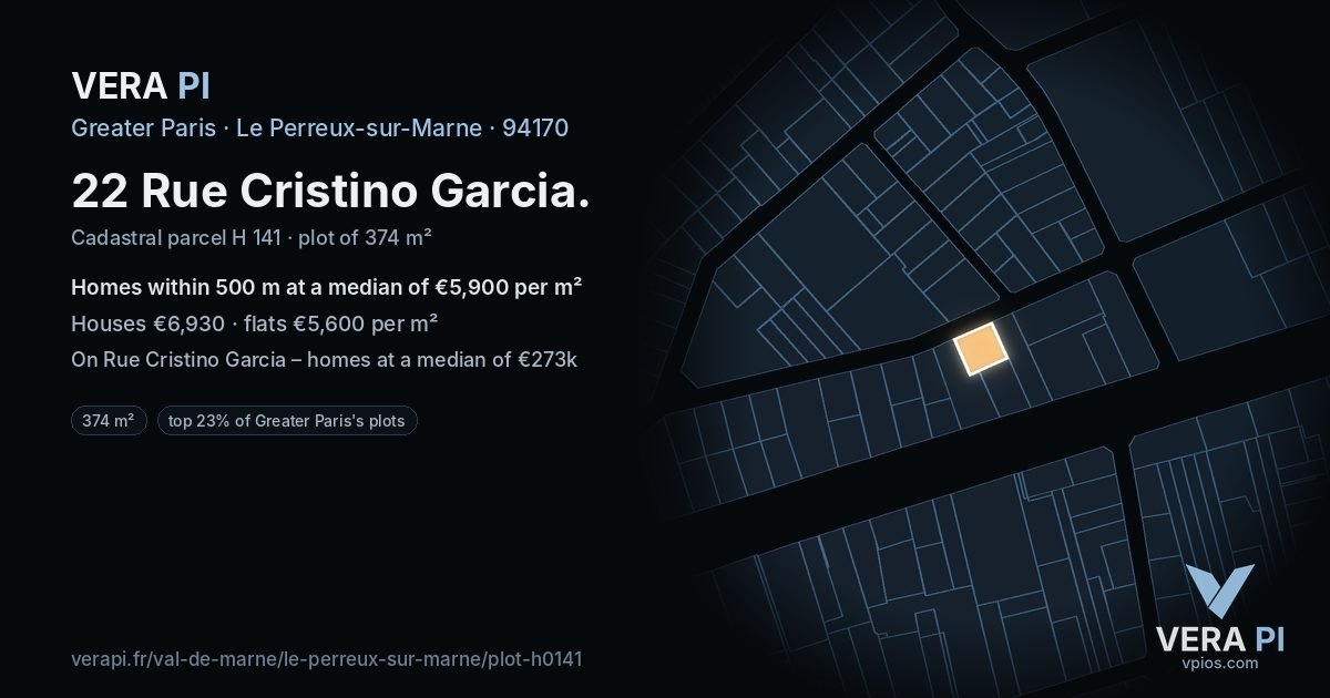 22 Rue Cristino Garcia, Le Perreux-sur-Marne at night – the plot lit, the parcels around coloured by the prices near them