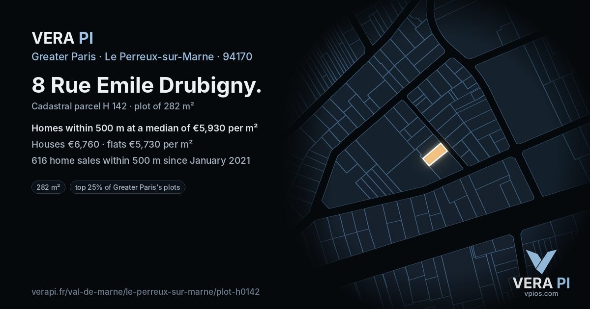 8 Rue Emile Drubigny, Le Perreux-sur-Marne at night – the plot lit, the parcels around coloured by the prices near them